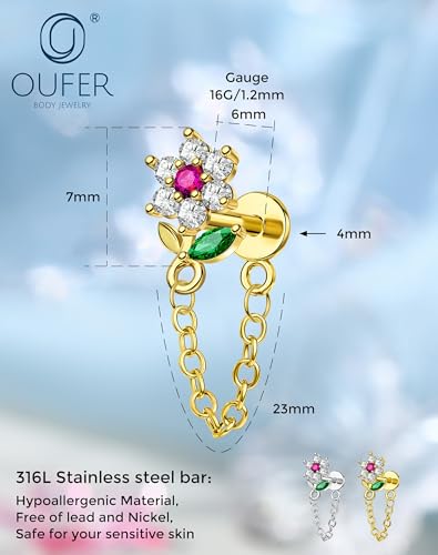 OUFER 16G Threadless Flat Back Cartilage Stud with Chain Dangle, Flower CZ Cluster Labret for Helix/Conch/Tragus/Lobe, 316L Stainless Steel, 6mm Post - color: Gold