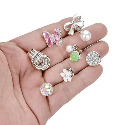 Tornito 10-15 Pairs Clip on Stud Earrings Non Pierced Teardrop Round Square CZ Pearl Twist Knot Flower Butterfly Heart Star Rainbow Cat Opal Clip on Earrings for Women - color: J:10 Pairs Silver Tone