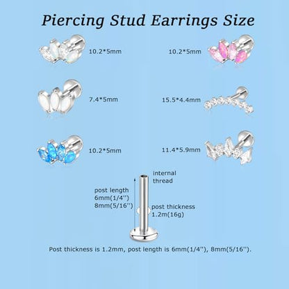 Lantine G23 Titanium Helix Piercing Jewelry Opal 16g Flat Back Stud Earrings Climber Labret Cartilage Tragus Daith Piercing Jewelry - color: 7 Cz-Gold, size: 16g 8mm