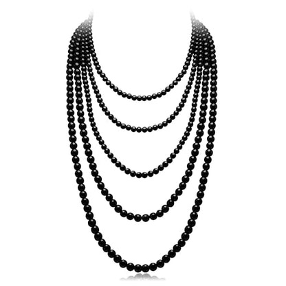 Long Pearl Necklaces for Women Cream White Faux Pearl Strand Layered Necklace Costume Jewelry - color: 2Pcs Black (6MM+8MM)