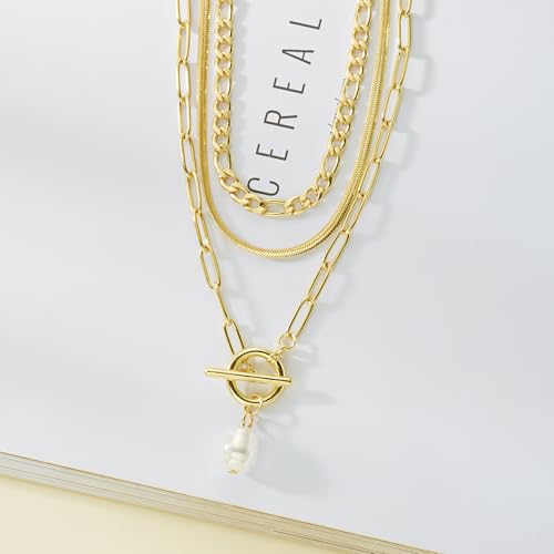 Gmai Layered Necklaces for Women Gold Plated 3/4/5 Piece Adjustable Stackable Necklace Set with Pearl Cross Coin Pendant Dainty Gold Silver Choker Chain Jewelry Gift for Her - style: Pearl 3PC