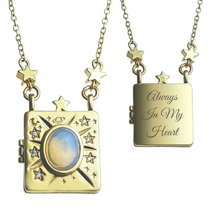 Personalized Color Print Photo Locket Custom Text Engraved Pendant Gold Tone Opal Star Moon Charm Necklace Gift - style: 1 Text (Gold-tone)