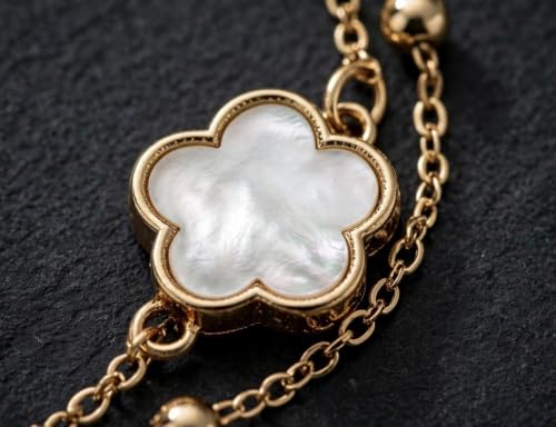 Gold-Tone Double Layer Clover Charm ankle Bracelet, black stone, Adjustable - color: White And Gold