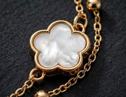 Gold-Tone Double Layer Clover Charm ankle Bracelet, black stone, Adjustable - color: White And Gold