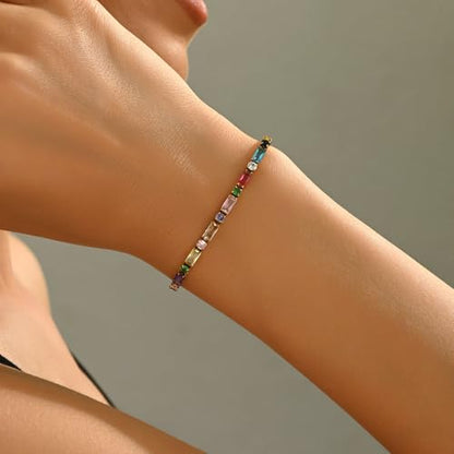 18K Gold Plated Multi-Color Classic Tennis Bracelet for Women Dainty Color 3mm Rainbow Cubic Zirconia Bracelet Adjustable CZ Gold Bracelets Trendy Summer Jewelry Gift - style: Multi Color-Gold