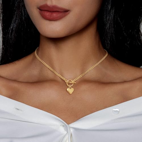 IMBOS 14K Gold Plated Chunky Chain Choker Necklaces for Women Chunky Gold Necklace Tennis Necklace for Women CZ Love Chain Cuban Link Choker Jewelry Gifts - color: Gold-Heart Necklace