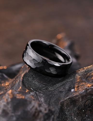 King Will Hammered 8mm Silver Tungsten Ring Hammer Men Wedding Band Comfort Fit - color: Multi-Faceted Black