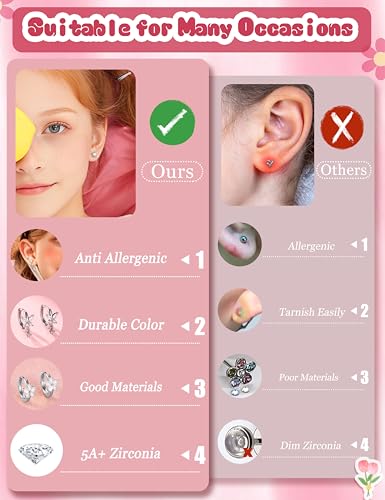 ORAZIO Hypoallergenic Earrings for Girls Women Kids Surgical Stainless Steel Screw Back Bow Heart Flower Stud Hoop Toddler Kids Earrings for Girls Sensitive Ears Over 4 Years Old - color: 9Pairs-silver girls earrings