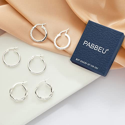 PABBEU 925 Sterling Silver Small Hoop Earrings Set for Women Hypoallergenic | 3Pairs Cubic Zirconia Small Huggie Hoop Earrings Set 13/15/20mm,Nickel-Free Lightweight Comfortable Sleeper Earrings Gift Set - color: 13/15/20mm HMT Silver