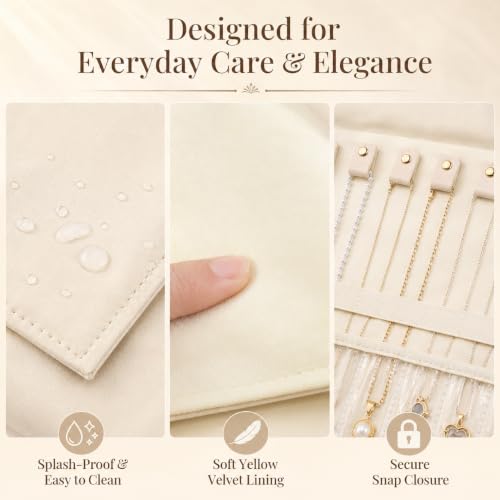Travel Necklace Organizer Roll Up Jewelry Case, 12 Slots, Beige | Foldable travel jewelry organizer keeps necklaces, chains and bracelets separated in 12 slots to reduce tangles on the go.