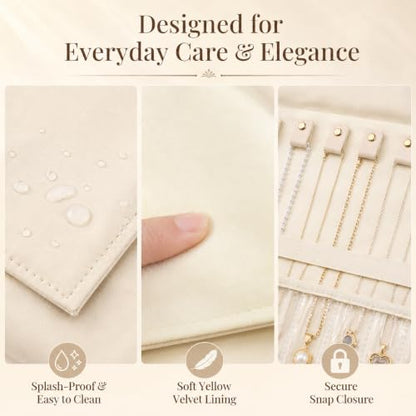 Travel Necklace Organizer Roll Up Jewelry Case, 12 Slots, Beige | Foldable travel jewelry organizer keeps necklaces, chains and bracelets separated in 12 slots to reduce tangles on the go.