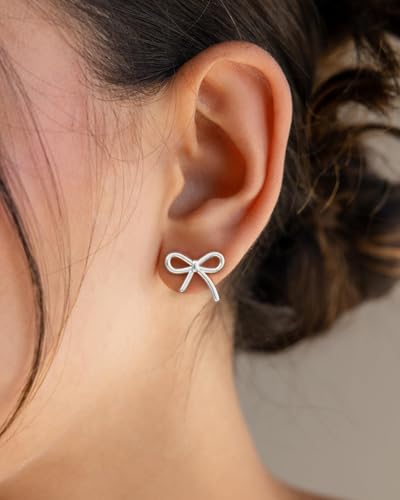 Stud Earrings for Women- 14K Gold/White Gold Plated/Black Bow Dragon Softball Snake Bat Stud Earrings - color: Silver Bow