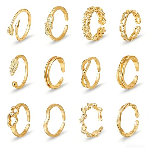 Ouligay 12PCS Toe Rings for Women Non Tarnish Silver Adjustable Toe Rings Set with Open Flower Toe Ring, Copper Crafted, Perfect Summer Beach Jewelry - color: Gold