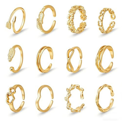 Ouligay 12PCS Toe Rings for Women Non Tarnish Silver Adjustable Toe Rings Set with Open Flower Toe Ring, Copper Crafted, Perfect Summer Beach Jewelry - color: Gold