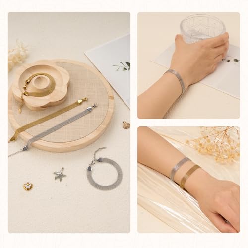KYUNHOO 6.7 Inches Stainless Steel Charm Bracelet Chains Bulk with Extender | 10pcs Gold and Silver Bracelets Set 8MM Wide Chain Bracelet for Crafts Jewelry Making Supplies - color: mesh