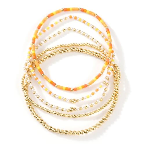 14K Gold Plated Beaded Bracelets Stack Set for Women,Stretch Boho Ball Jewelry Friendship Trendy - color: Orange
