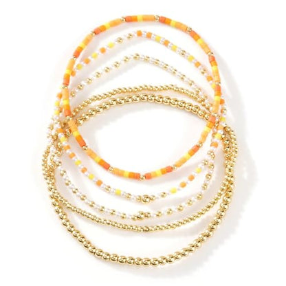 14K Gold Plated Beaded Bracelets Stack Set for Women,Stretch Boho Ball Jewelry Friendship Trendy - color: Orange