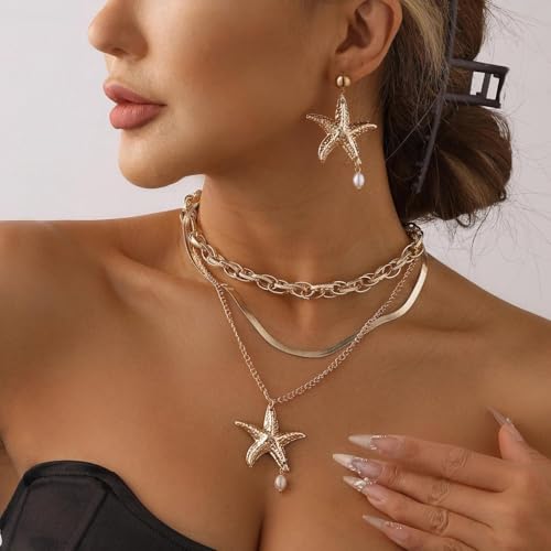 Gold Layered Stackable Starfish Earrings Necklace Sets for Women,Boho Faux Pearl Earrings Chunky Herringbone Pendant Necklace Ocean Matching Jewelry Gifts - color: Golden