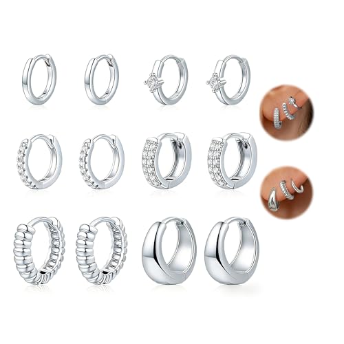HILXURY 6 Pairs Small Gold Huggie Hoop Earrings for Women, 14K Gold Plated Cartilage Piercings Hoop Earrings Hypoallergenic, Trendy Lightweight Chunky Hoops Set for Women Gifts. - color: D- Silver