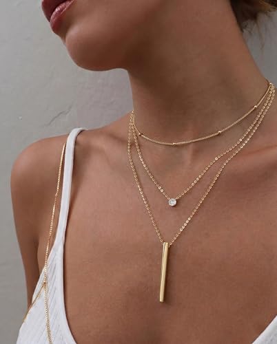 Tewiky Dainty 14k Gold Plated/Silver Cubic Zirconia Necklaces for Women, Simple CZ Jewelry Necklaces Trendy Gifts - color: Gold three layer bar CZ