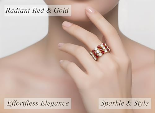 Sparkling Rhinestone Ring Set Trendy Elastic Rhinestone Crystal Stretch Ring Stackable Jewelry for Women Girls - color: 3 Rows Ring-Golden+White+Bright Red