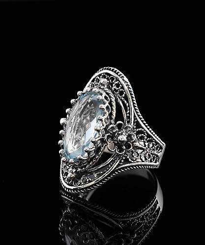 Filigranist 925 Sterling Silver Handcrafted Filigree Art Flower Pattern Woman Oval Statement Ring, Gift Boxed - color: Blue Topaz