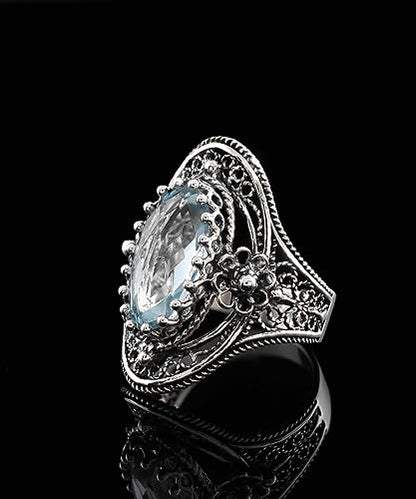 Filigranist 925 Sterling Silver Handcrafted Filigree Art Flower Pattern Woman Oval Statement Ring, Gift Boxed - color: Blue Topaz
