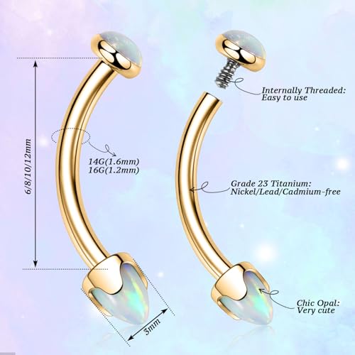 G23 Titanium Eyebrow Piercing Jewelry Eyebrow Rings Curved Barbell 16G Eyebrow Belly Button Ring Navel Rings Rook Daith Earrings Lip Ring Eyebrow Jewelry 6mm-12mm - color: 2PCS,Disc Shape +Cone Shape Purple Opal,Gold