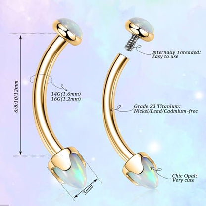 G23 Titanium Eyebrow Piercing Jewelry Eyebrow Rings Curved Barbell 16G Eyebrow Belly Button Ring Navel Rings Rook Daith Earrings Lip Ring Eyebrow Jewelry 6mm-12mm - color: 2PCS,Disc Shape +Cone Shape Purple Opal,Gold