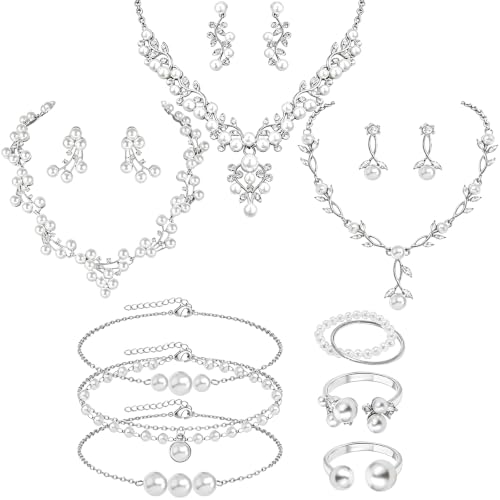 NEWITIN 15 Pieces Pearl Jewelry Set for Women Wedding Costume Accessories | Hypoallergenic, Cubic Zirconia, CZ Necklaces Earrings Bracelets Rings, Silver Jewelry for Wedding Bride Bridesmaid Party Prom - color: Silver Pearl A