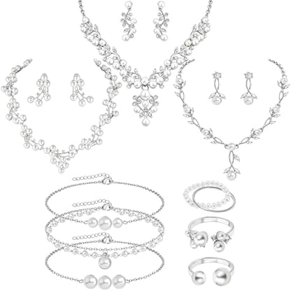 NEWITIN 15 Pieces Pearl Jewelry Set for Women Wedding Costume Accessories | Hypoallergenic, Cubic Zirconia, CZ Necklaces Earrings Bracelets Rings, Silver Jewelry for Wedding Bride Bridesmaid Party Prom - color: Silver Pearl A