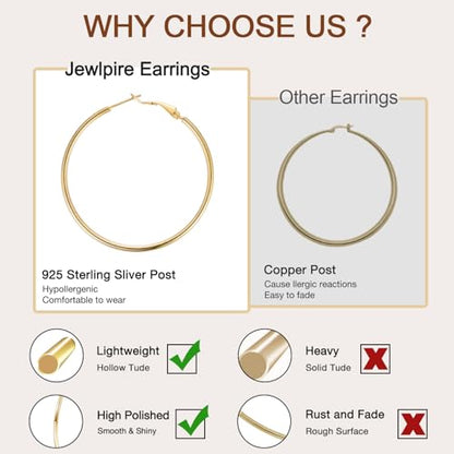 Jewlpire 14K Gold Plated 925 Sterling Sliver Post Hoop Earrings, 2MM Thick Hoop earrings Lightweight Large Hoop Earrings for Women Trendy 20/30/40/50/60/70mm - color: 14K Gold Plated, size: 50mm