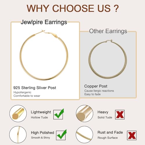 Jewlpire 14K Gold Plated 925 Sterling Sliver Post Hoop Earrings, 2MM Thick Hoop earrings Lightweight Large Hoop Earrings for Women Trendy 20/30/40/50/60/70mm - color: 14K Gold Plated, size: 70mm