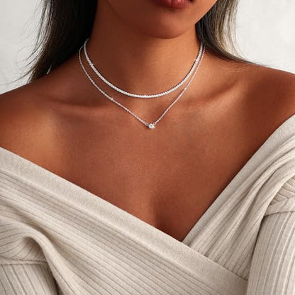 MIDEEO Gold Layered Necklaces for Women, 14K Plated Gold Sterling Silver Plated Dainty Pendant Non Tarnish Necklace Set with Cubic Zirconia,Stackable Chain Choker,Trendy Jewelry Gift