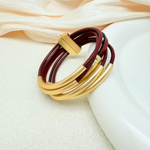 Bracelets for Women Leather Bracelet Multi-Layer Rope Wrap Bangle 14k Gold Plated Cirle Hollow Tube Boho Cuff Bangle Bracelets for Women Gift - style: Tube-Wine Red Leather Bracelet
