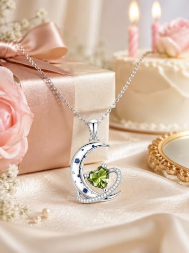 Birthstone Necklace for Women White Gold Moon and Star Pendant Moon Jewelry Anniversary Birthday Gifts for Mom Wife Her - color: 08. August - Peridot