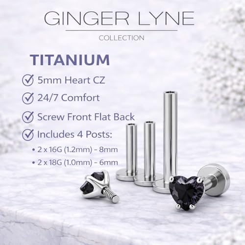 Titanium Heart CZ Labret Stud Earrings for Piercings by Ginger Lyne 6Pc Set G23 Screw Front Flat Back Body Jewelry 2 pair post 6mm, 8mm Cartilage, Helix, Tragus, Lip, Conch, Lobe - color: 5mm-Black