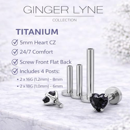Titanium Heart CZ Labret Stud Earrings for Piercings by Ginger Lyne 6Pc Set G23 Screw Front Flat Back Body Jewelry 2 pair post 6mm, 8mm Cartilage, Helix, Tragus, Lip, Conch, Lobe - color: 5mm-Black