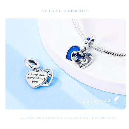 925 Sterling Silver Charms Bead for Bracelets Necklaces, Star Moon Crescent Sun Solar Pendent, Blue Ocean Starfish Shells Turtle Crab Starry Sea Cute Jewelry Birthday Gifts for Women Men - style: Blue Heart