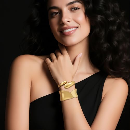 Emibele Cuff Bracelet Stack, 18K Gold-plated Open Bangle Bracelet, Teardrop Hinged Thick Wrist Chunky Bracelet Set for Women, Non Tarnish Jewelry Gift, 2 Pack - color: Gold Cuff