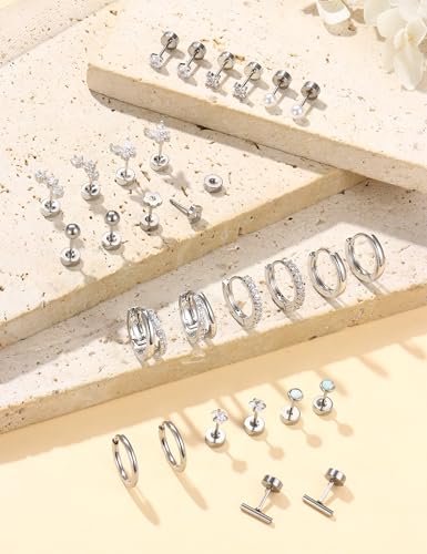 BESTEEL Hypoallergenic Flat Back Earrings - 14K Gold Plated Cartilage Earring Sets 20G Surgical Stainless Steel Earrings for Women Small Hoop Flatback Stud Earring Stacks Helix Conch Tragus Piercing Jewelry - color: Silver Plated
