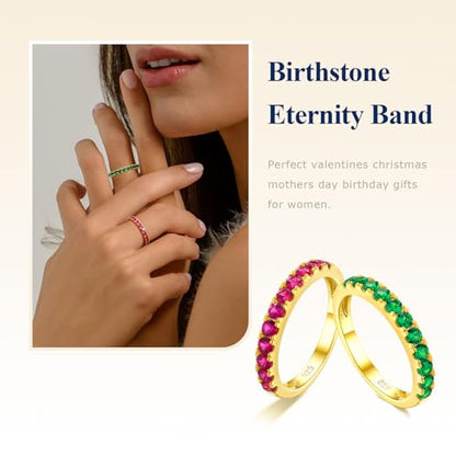 Bezel Set Birthstone Wedding Band 14K Gold Sterling Silver Stackable Half Eternity Band Rings 2.5mm Wide Ruby/Amethyst/Sapphire/Emerald Green/Aquamarine Ring for Women, Send Gift Box - style: 05-Created Emerald