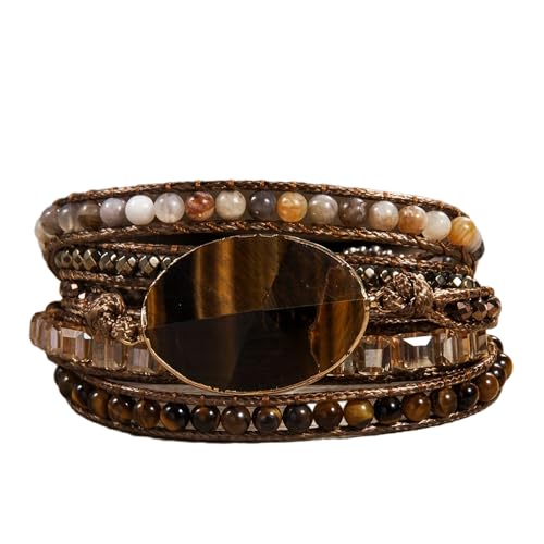 Handmade Boho Wrap Bracelets Natural Turquoise Crystal Stone Variety Beaded Strand Bracelet - color: Tiger Eye 2