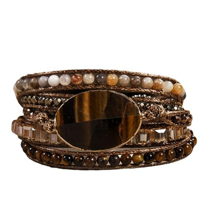 Handmade Boho Wrap Bracelets Natural Turquoise Crystal Stone Variety Beaded Strand Bracelet - color: Tiger Eye 2