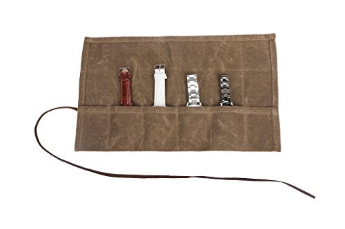 Waxed Canvas Watch Roll Handmade Waterproof Multi-Purpose Travel Case Watch Roll-up Organizer Holds 6 Wristwatches Best Gift for Him Her Boyfriend Girlfriend Mom Dad Wife & Husband HGJ03-I