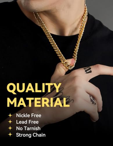 ChainsHouse Miami Cuban Link Chain Necklace for Men, Stainless Steel | 4.8/6/10/14mm Widths, Black/14K Gold Plated Finishes, Hip Hop Style, Daily Wear, Gift Box Included - color: Gold Plated