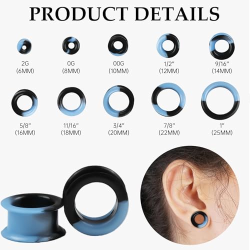 20Pcs Silicone Ear Gauges 2G-25mm Flexible Ear Tunnels Gauges Soft Expander Stretching Ear Plugs Tunnels Black Earring Piercings Jewelry for Men Women - color: Thick Black and Lake Blue Silicone