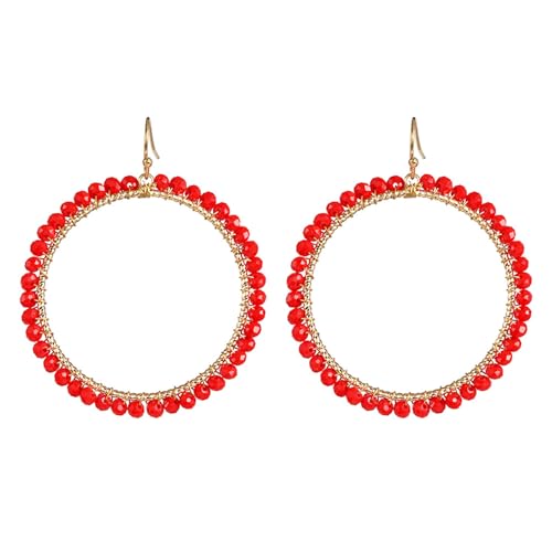 Bohemian Sparkly Crystal Beaded Dangle Earrings Teardrop Earrings for Women Fashionable & Trendy Jewelry Gift-Round Orange - color: Round Red
