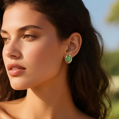 Jean Beau Chunky Gold Stone Stud Earrings for Women, Trendy Natural Gemstone Hypoallergenic Earing Valentine Jewelry Gift - color: Peridot Green