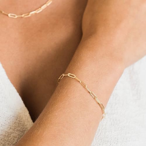 14K Gold Paperclip Bracelet for Women Men, 3-5mm Link Chain | Polished rectangular links with 14K gold, lightweight, hypoallergenic and non-tarnishing, 6.5-8in for solo or stacking